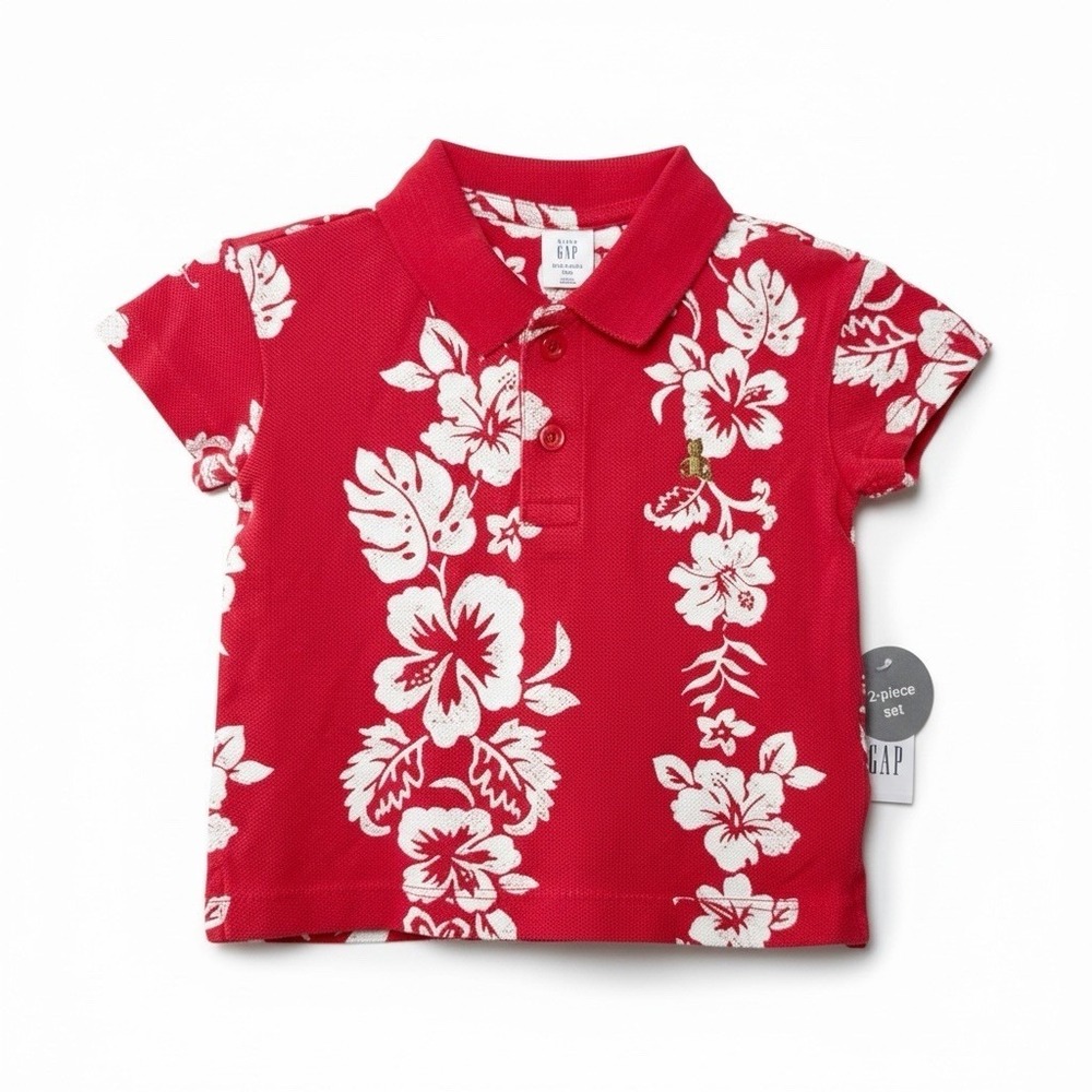 Baby Gap Red Floral Polo Shirt 6–12M Cotton Hawaiian Teddy Bear
